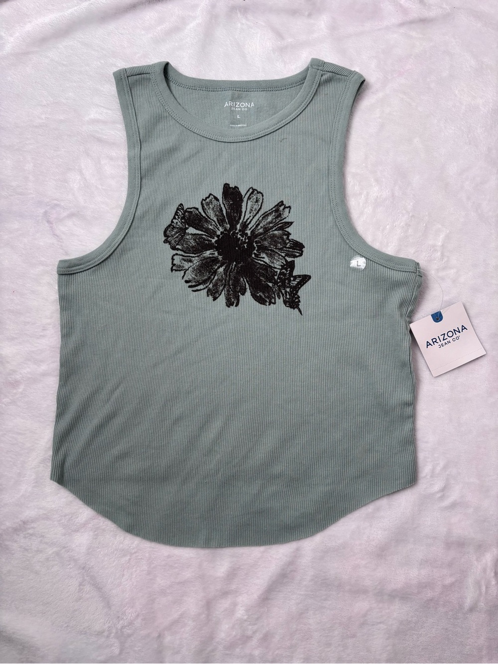 Arizona Jean Company Sage Ribbed Tank with Black Floral Graphic